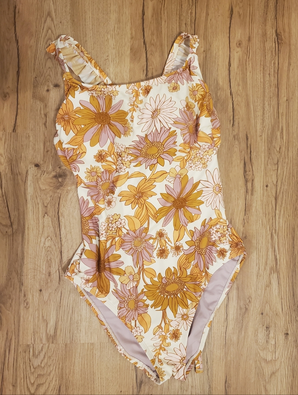 Kona Sol Pretty Floral Ruffle One Piece Swimsuit High Leg Tie Criss Cross Back